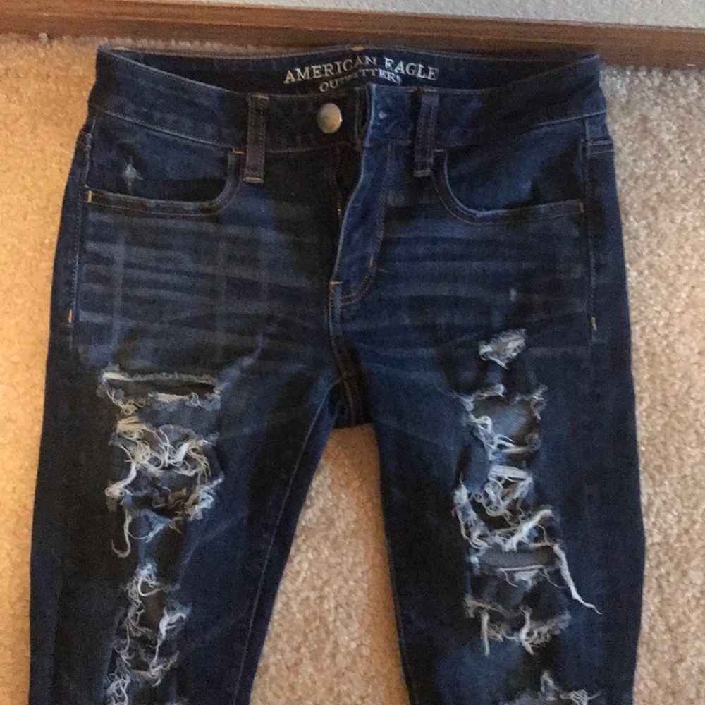 AE Medium Rise Dark Wash Ripped Skinny Jeans